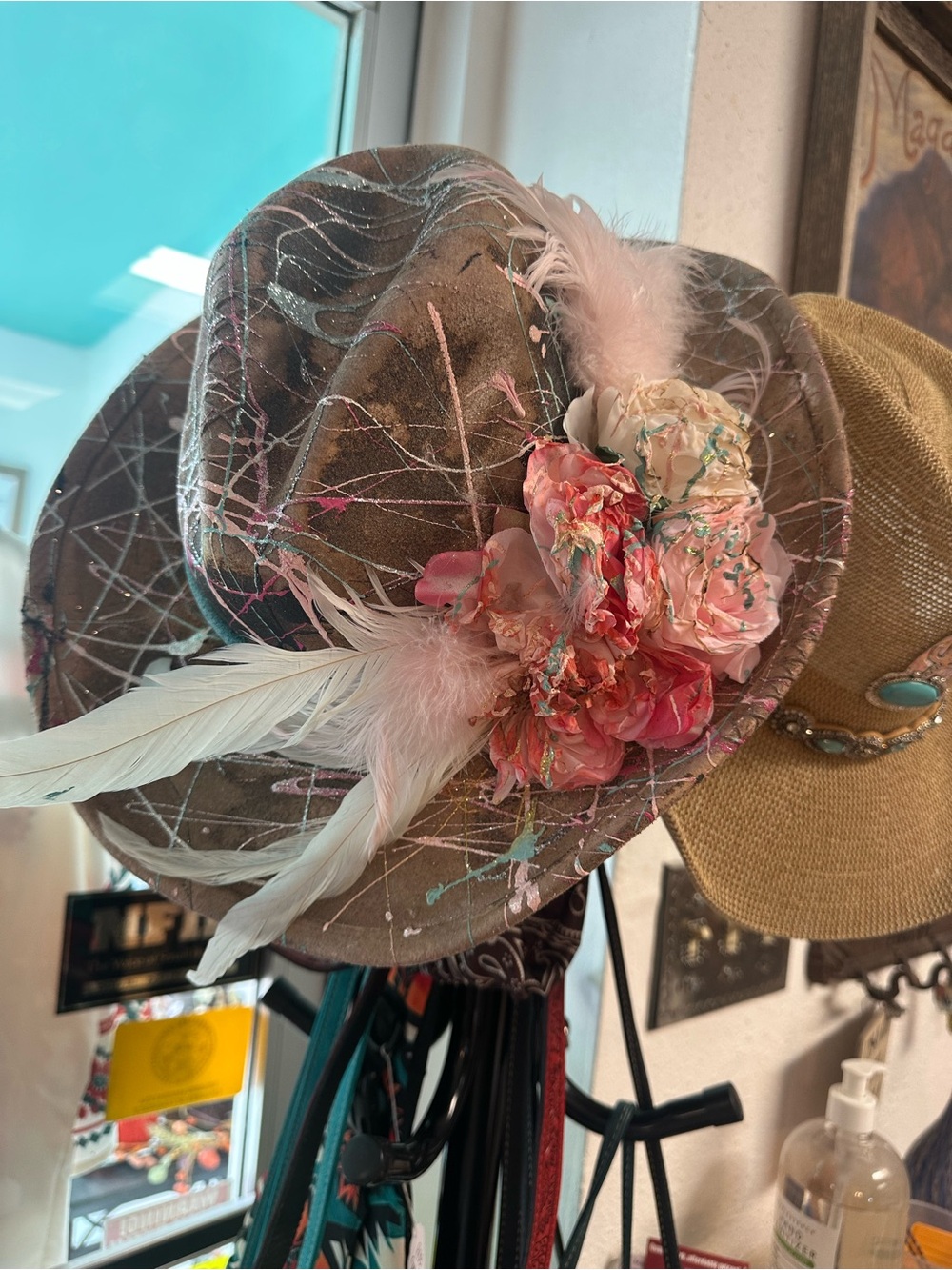 Paint-Splatter Brown Fedora with Feather & Teal Band - Picture 2 of 2